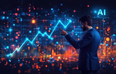 A man pointing at a graph with the word AI above him