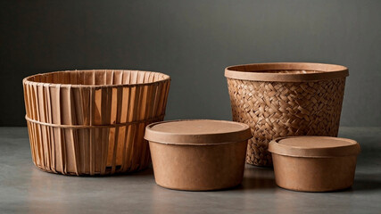 Wooden baskets and paper containers on gray background