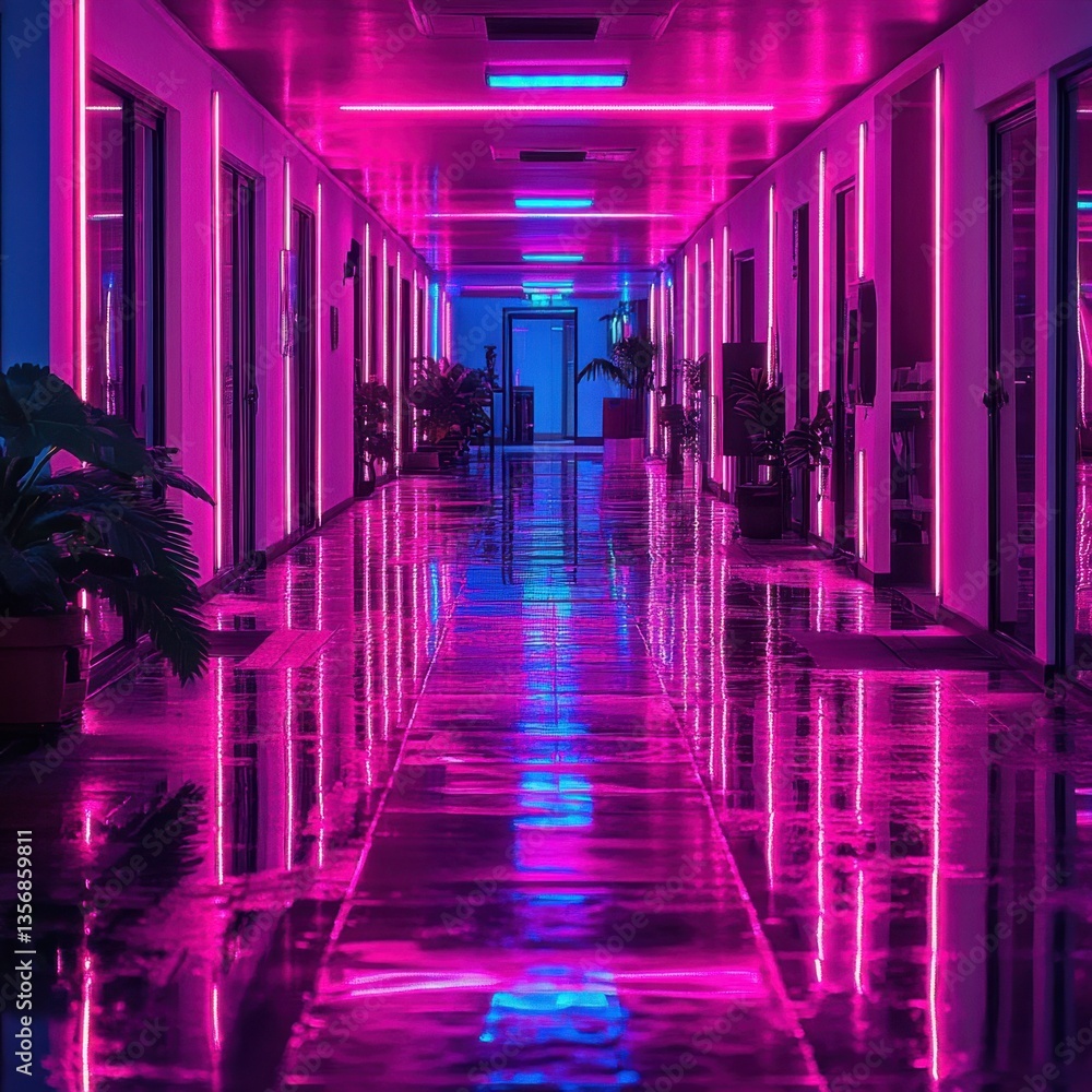 Poster futuristic corridor illuminated by vibrant neon lights creating a surreal and captivating atmosphere