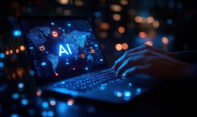 A person is typing on a laptop with the word AI on the screen