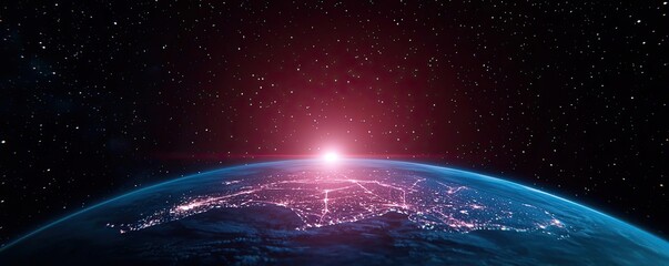 Obraz premium Earth at night with global communications and cityscapes concept. A stunning view of Earth from space at sunrise, showcasing beauty.