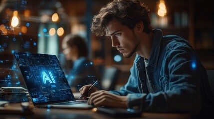 A man is typing on a laptop computer with a red background