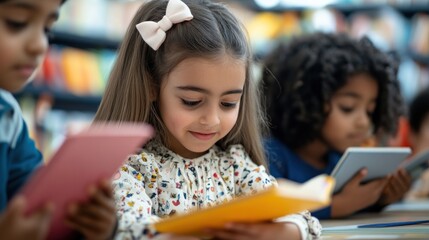 Diverse group of elementary students engrossed in books and tablets