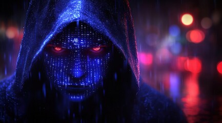 A man with a hood on his head and a face made of blue lights