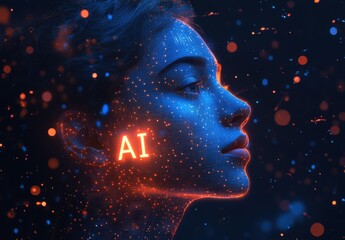 A woman's face is made of glowing pixels, with the letters AI in red