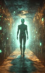 A man is walking through a tunnel with glowing lights