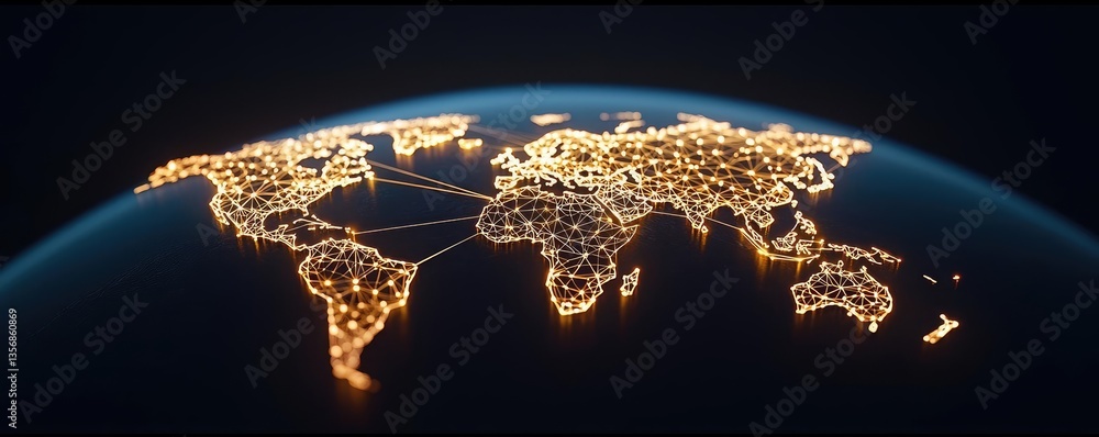 Poster Earth at night with global communications and cityscapes concept. Illuminated world map showing global connectivity and networks.