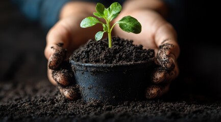 A person is holding a small plant in their hands