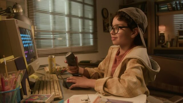 Side view shot of young boy playing computer game using joystick and wearing backwards cap in nostalgic 90s room interior