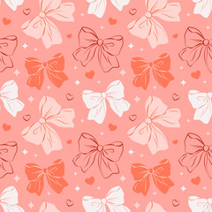 Coquette bows seamless pattern on pink background. Hand drawn vector illustration. Cute design for wedding celebration, holiday, party decoration, gift, present concept.