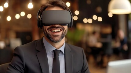 Happy businessman using VR headset in office.