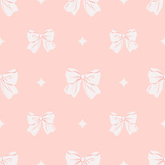 Cute coquette white bow seamless pattern on pink background. Hand drawn vector illustration. Perfect for wedding design, party decoration, gift wrapping paper and textile