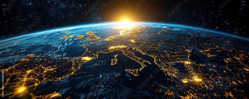 Poster earth at night displaying global finance and future business concept. stunning view of earth from sp