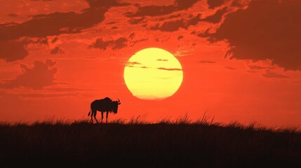 Naklejka premium A photo silhouette of a wildebeest standing on the horizon against a breathtaking African sunset 