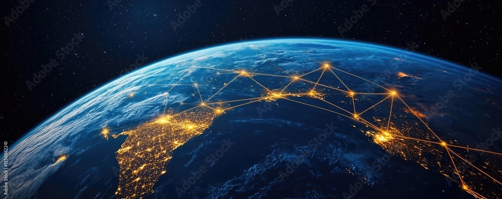 Poster earth at night symbolizing global business and communication concept. aerial view of earth showcasin