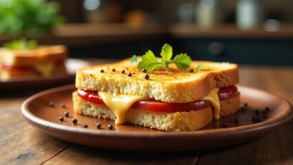 Aromatic Grilled Cheese Sandwich with Melted Cheese and Tomato on a Rustic Plate