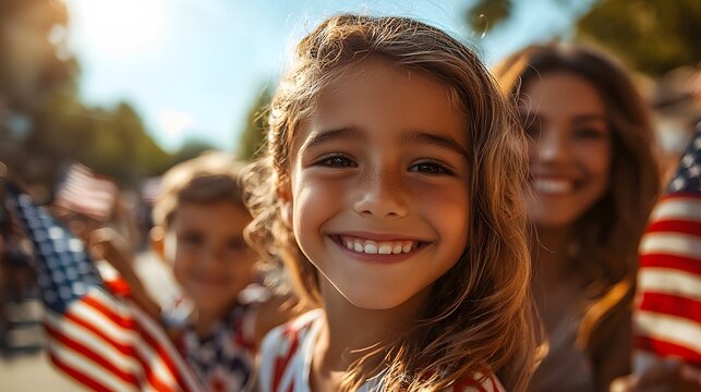 Happy family celebrating outdoors, patriotic parade