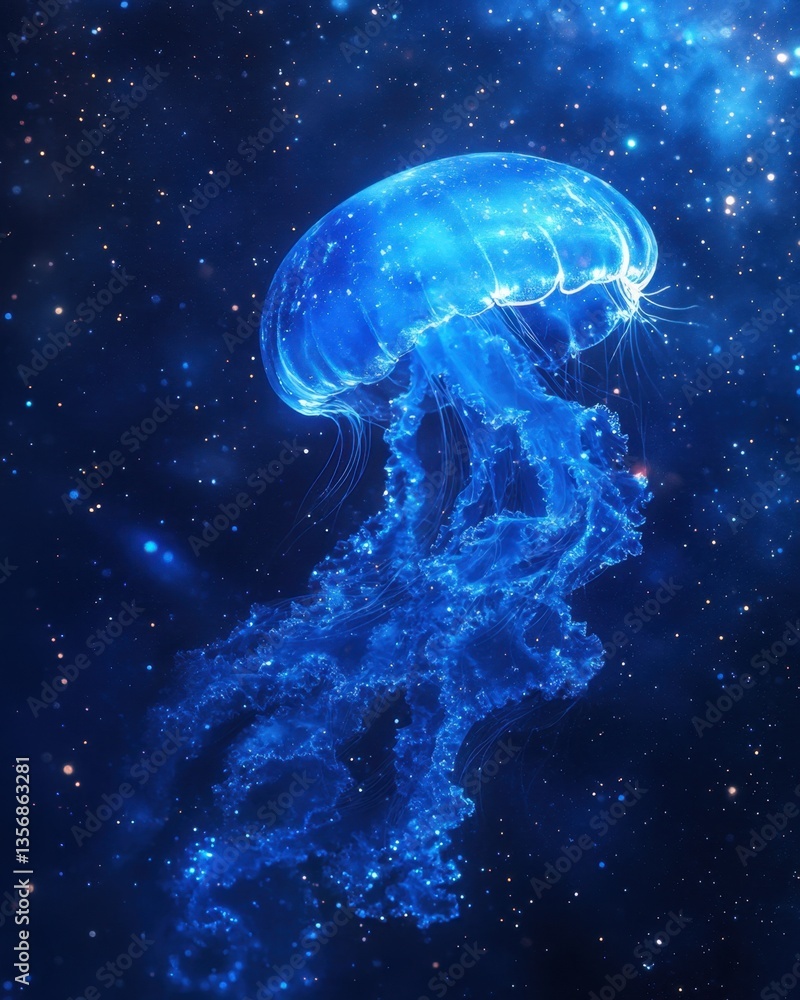 Poster bioluminescent jellyfish floating gracefully in the deep blue ocean with a starry background creatin