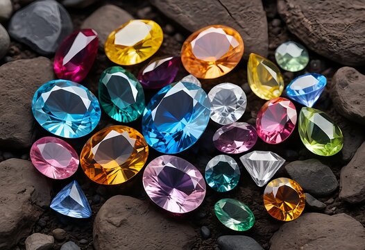 Colorful Gemstones on Dark Rocks