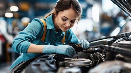 Young female mechanic inspecting and repairing a car engine with precision and focus in a well-lit garage.