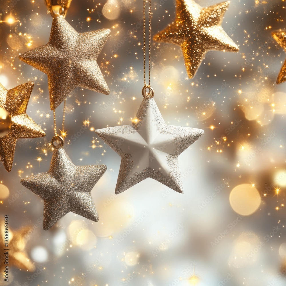 Poster enchanting golden star ornaments suspended in a festive bokeh light display capturing the magic and 