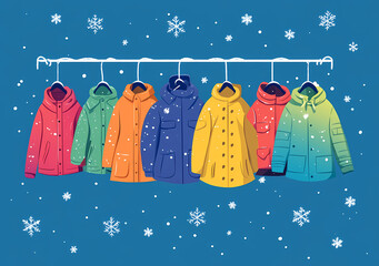 Colorful Coats: A collection of vibrant winter coats hang in a row against a wintery backdrop, showcasing a range of colors and styles.
