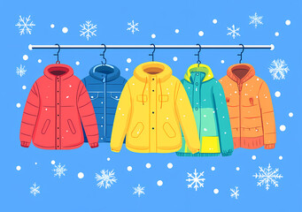 Winter Warmth: Collection of colorful winter coats on hangers with snowflakes