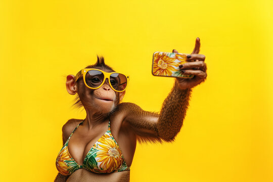 A stylish female monkey joyfully takes a selfie in a vibrant bikini against a yellow background, embracing summer, fun, fashion, and her role as an influencer.