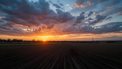 Sunset Over Field Landscape, Dramatic Sky