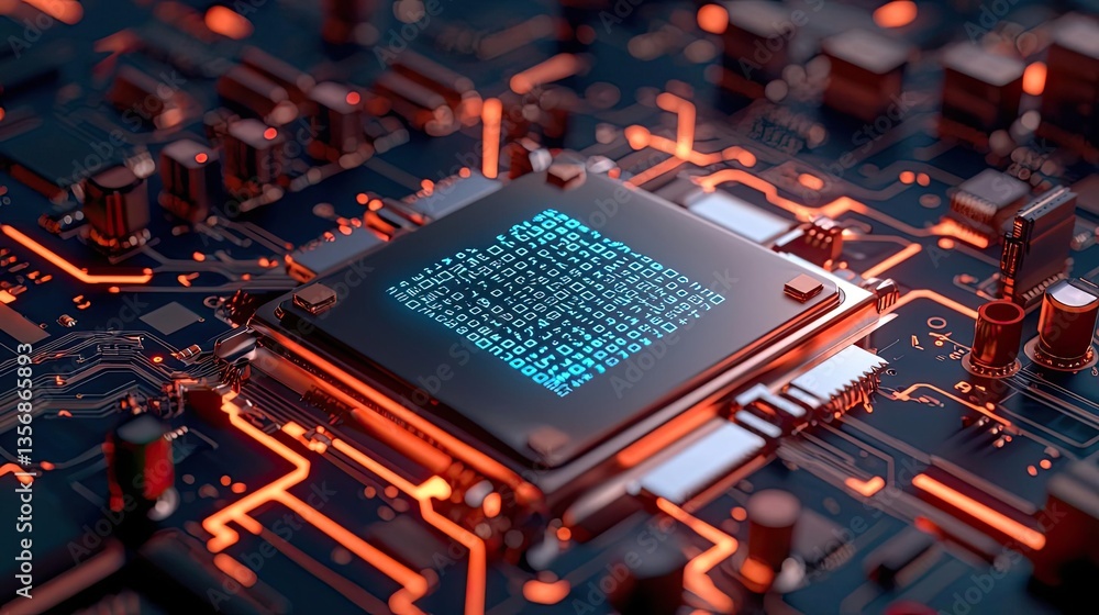 Poster Binary code background in 3D rendering with computer technology concept. Close-up of a futuristic microchip with glowing circuitry.