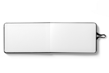 Top view of a black leather sketchbook mockup isolated on a transparent background, PNG. High resolution. 