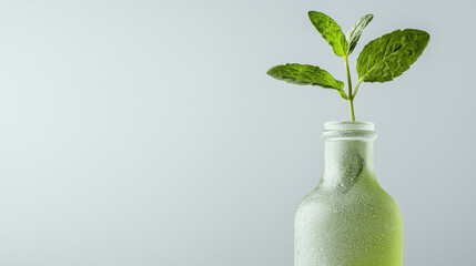 Fresh mint leaves emerge from frosted glass bottle, symbolizing nature essence and vitality