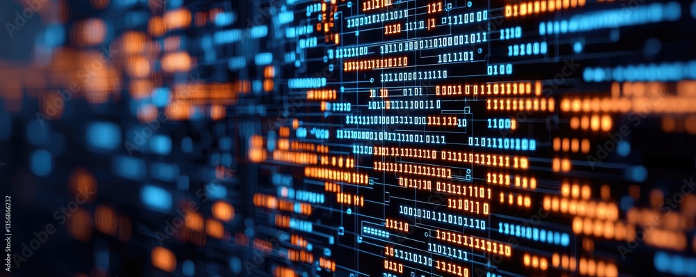 Poster Binary code background with scientific and database matrix concept. Abstract digital lines with blue and orange glowing elements.
