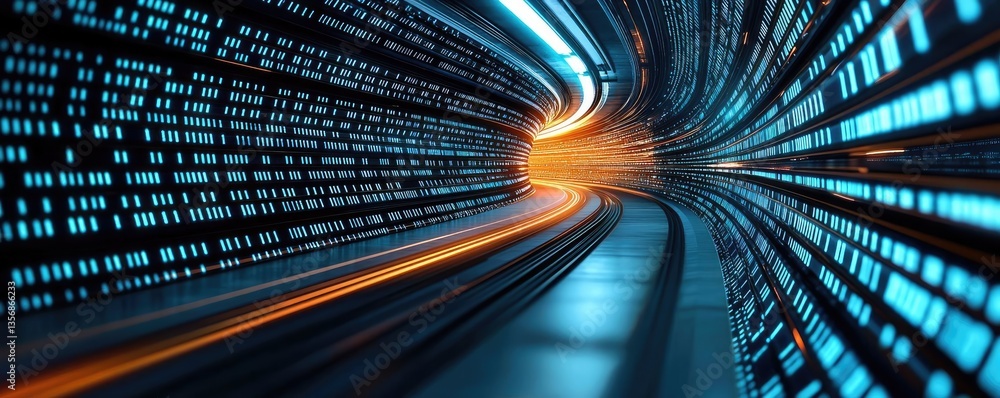 Fototapete Binary code background with abstract database and light technology concept. A visually dynamic representation of digital data flow.