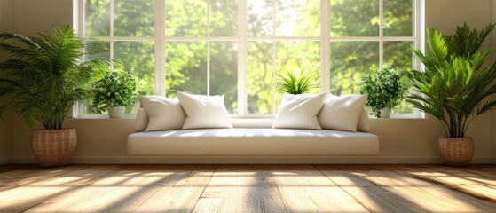 Serene interior with window seat lush greenery and natural light creating a peaceful indoor oasis for relaxation and contemplation in a modern home