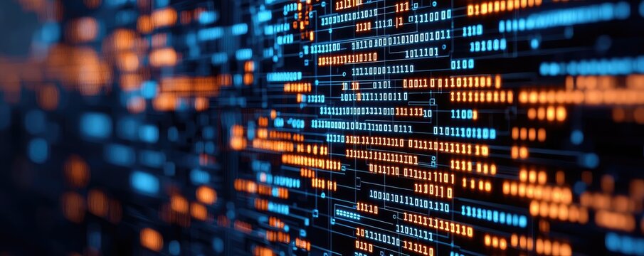 Binary code background with scientific and database matrix concept. Abstract digital lines with blue and orange glowing elements.