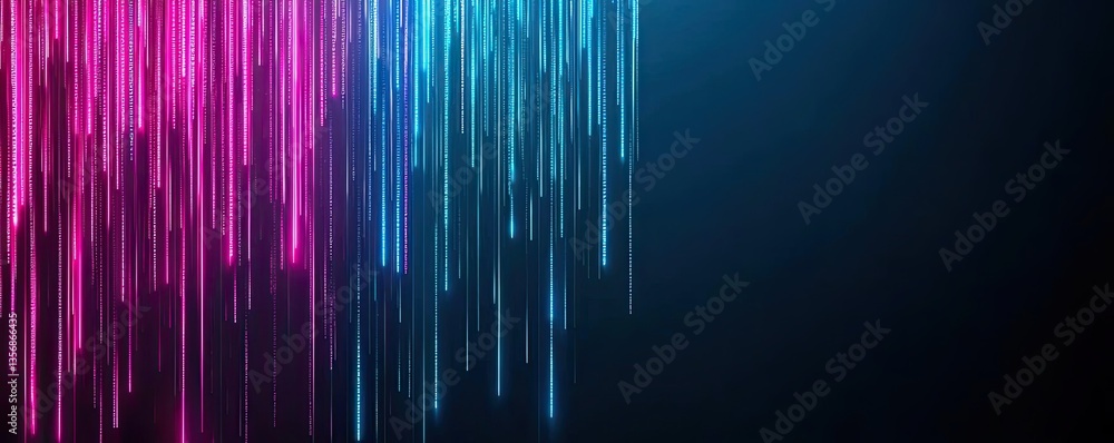 Aufkleber Binary code background with scientific and database matrix concept. Vibrant light streaks in blue and pink against a dark background.