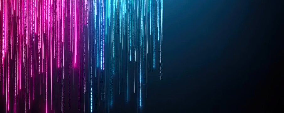 Binary code background with scientific and database matrix concept. Vibrant light streaks in blue and pink against a dark background.