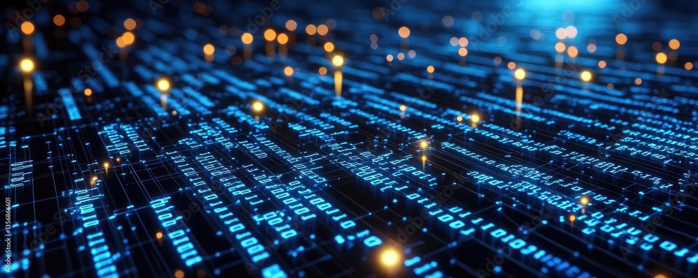 Poster Binary code background with abstract database and light technology concept. Futuristic digital network with glowing data points and lines.