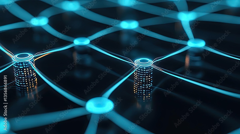 Poster Binary code background in a computer matrix with scientific digital concept. Abstract digital network with glowing nodes and connections.