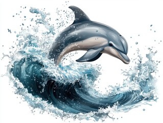 A playful dolphin elegantly leaping through the air above a vibrant curling wave with stunning detail and dynamic splashes