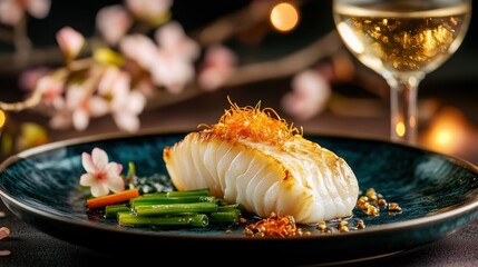 Pan-Seared Fish Dish with Vegetables, Festive Setting, Spring Flowers, Wine