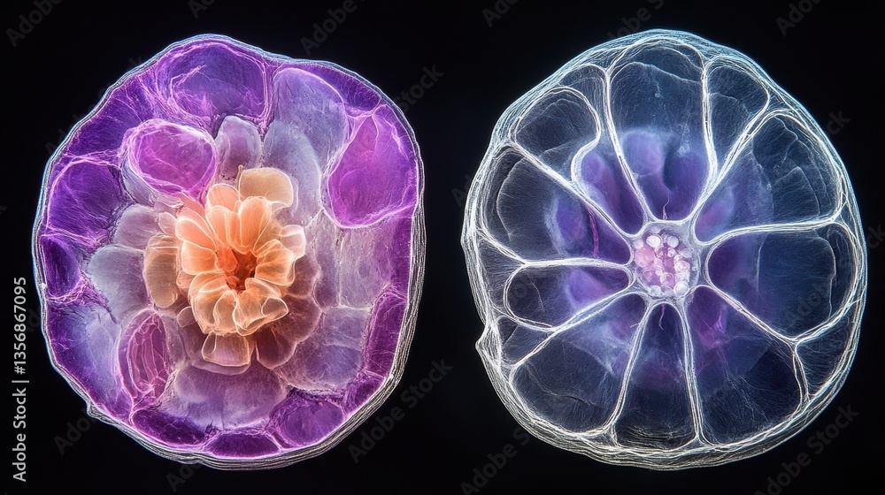 Poster microscopic view of two colorful radiolarians showcasing intricate skeletal structures and vibrant h