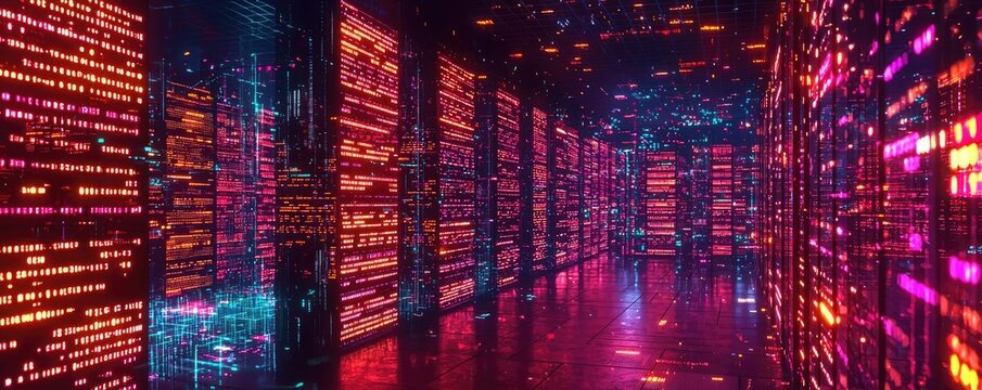 Binary code background with abstract database and light technology concept. A vibrant view of a futuristic server room with glowing data.