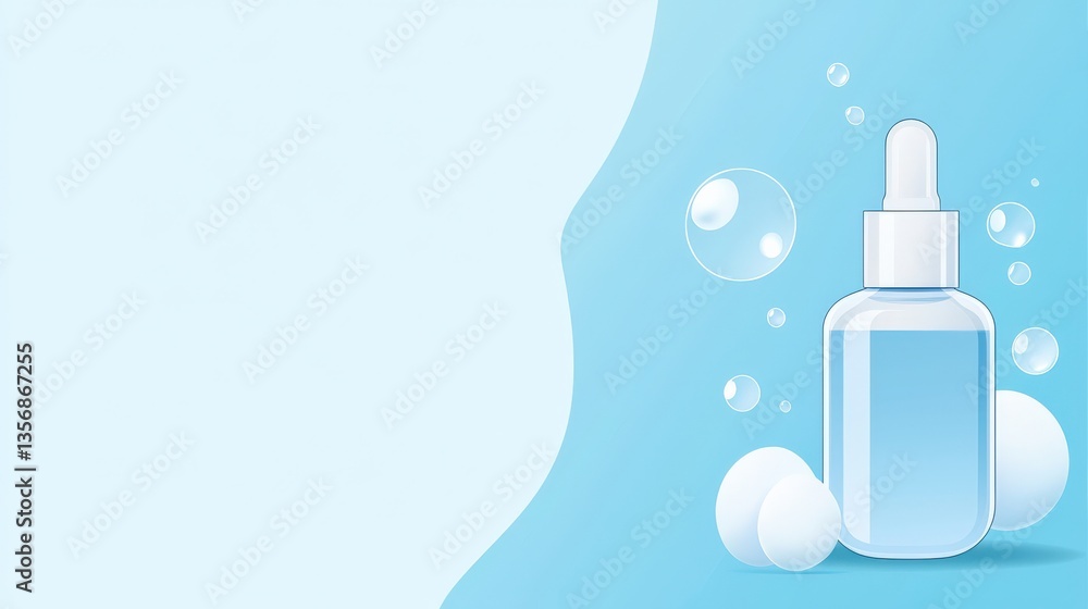 Poster a bottle of liquid with bubbles surrounding it. the bubbles are in different sizes