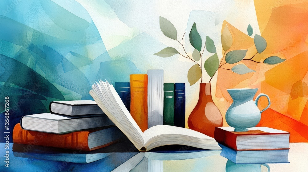 Poster a book is placed on a table with a vase and a stack of books