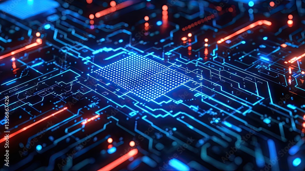 Aufkleber Binary code background with abstract database and light technology concept. Close-up view of a glowing circuit board with intricate designs.