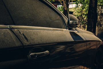 Side view, private cars are very dirty, dusty, and left in a repair shop.