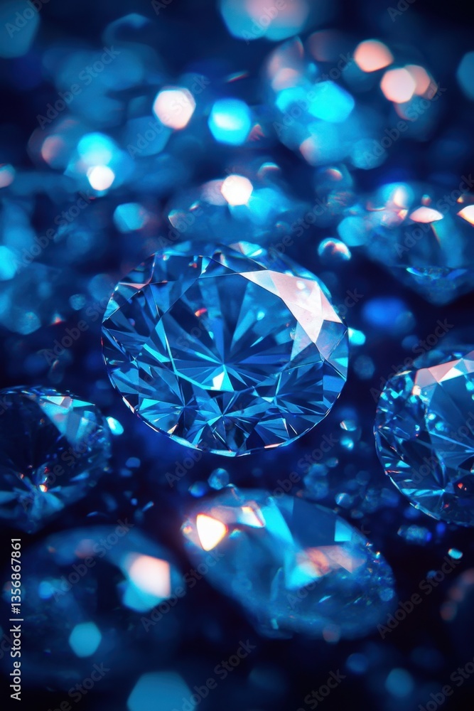 Poster captivating close up of sparkling blue diamonds on a dark background with bokeh effect enhancing the