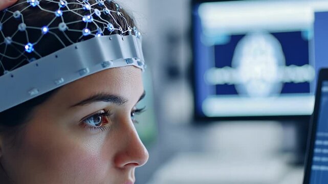 A medium closeup revealing an EEG cap being adjusted on a patients head with sensors strategically p to detect brain activity. The caps sleek design contrasts with the softer contours